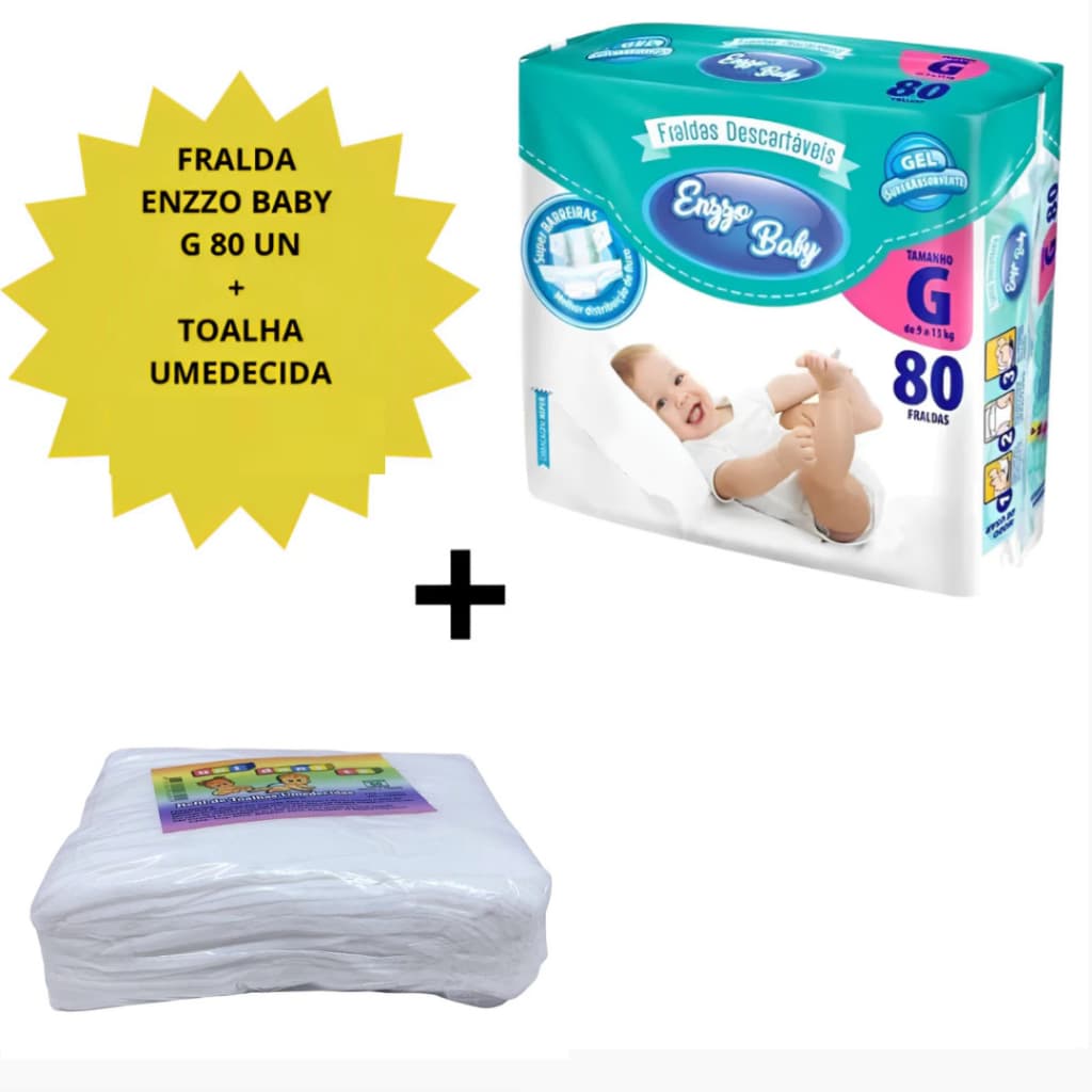 Kit Fralda Descartável Infantil Enzzo Baby G Com 80 Unidades + TOALHA UMEDECIDA  C/ 50 Unidades