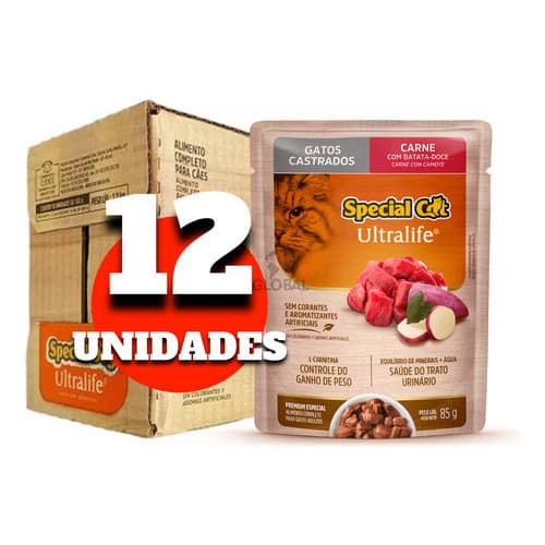 Special Cat Sachê Gatos Castrado Sabor Carne e Batata Doce 85g Caixa Lacrada 12 Unidades