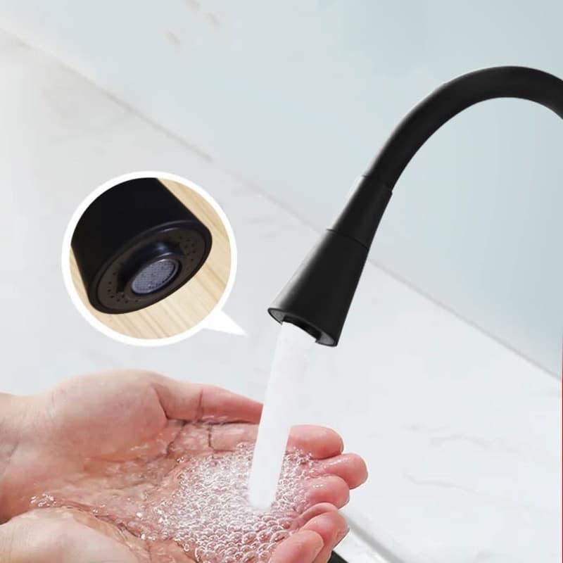 Torneira Semi Curvada FlexíVel Da Cozinha, Pia De Parede Preta, Cone Duplo Do Bocal