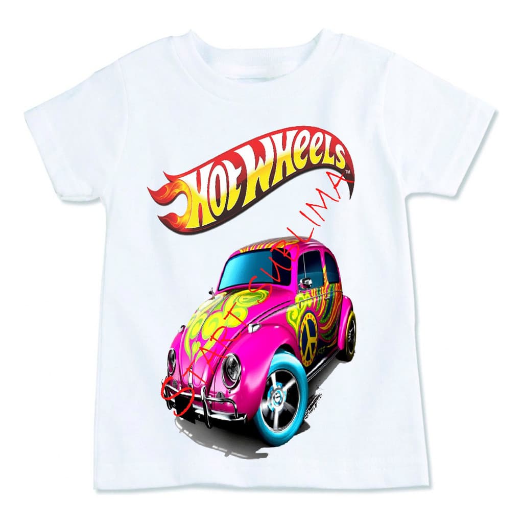 Camiseta Infantil Camisa Hot Wheels Rosa Chamas Fusca