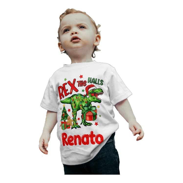 Camiseta Infantil Dinossauro Rex Natal Presente Nome Festa
