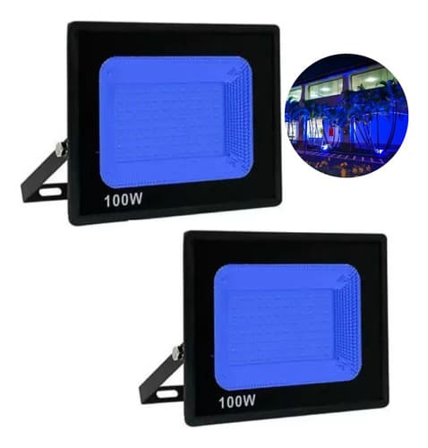 Kit 2 Refletor Led 100w Luz Azul Ip66 Bivolt  Prova Dágua