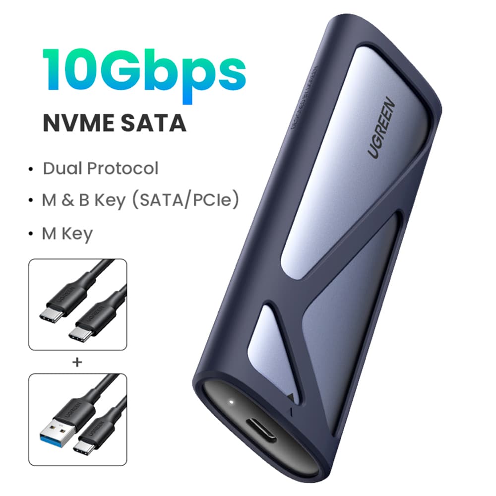 Ugreen Case Portátil p/Ssd M.2 SATA/NVMe 10Gbps Prata/Preto