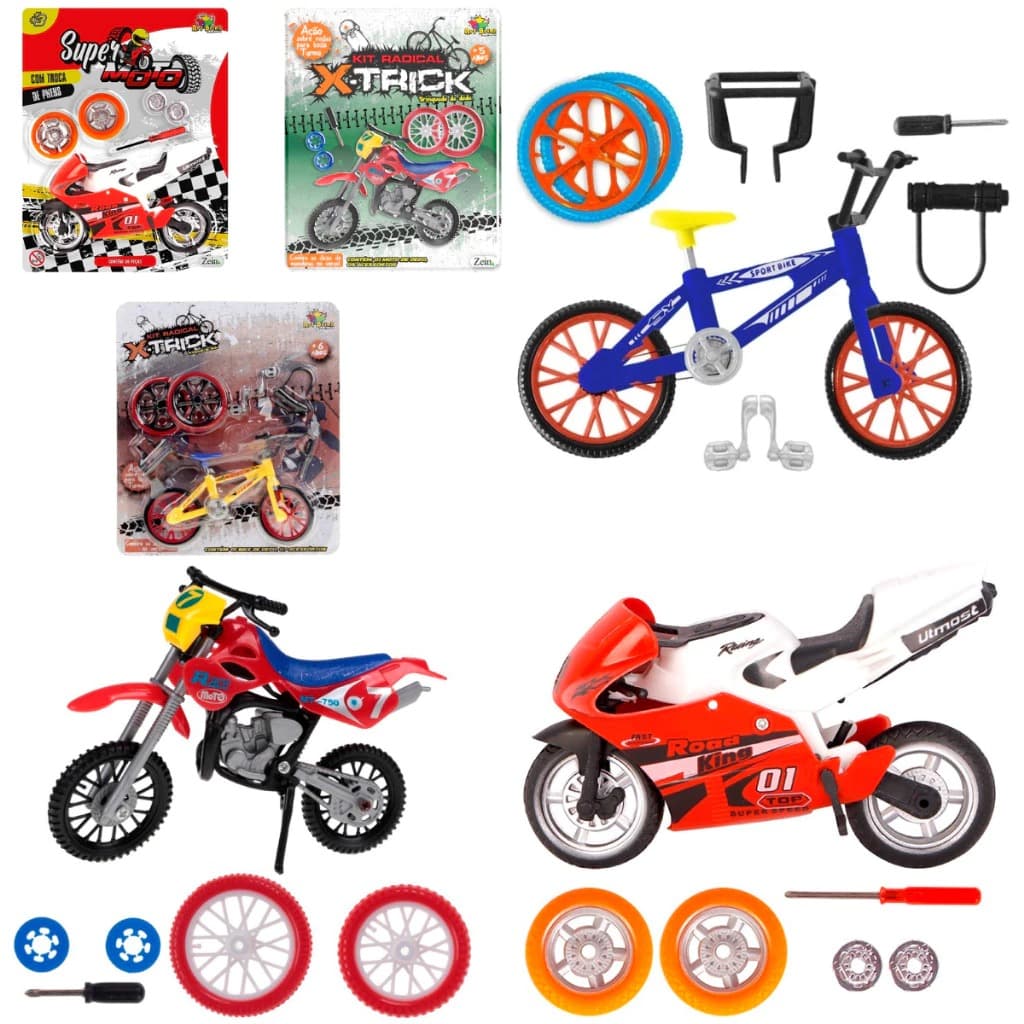 Kit com 3  super brinquedos moto de  triha+ moto de corrida+ bicicleta de dedo presente criança