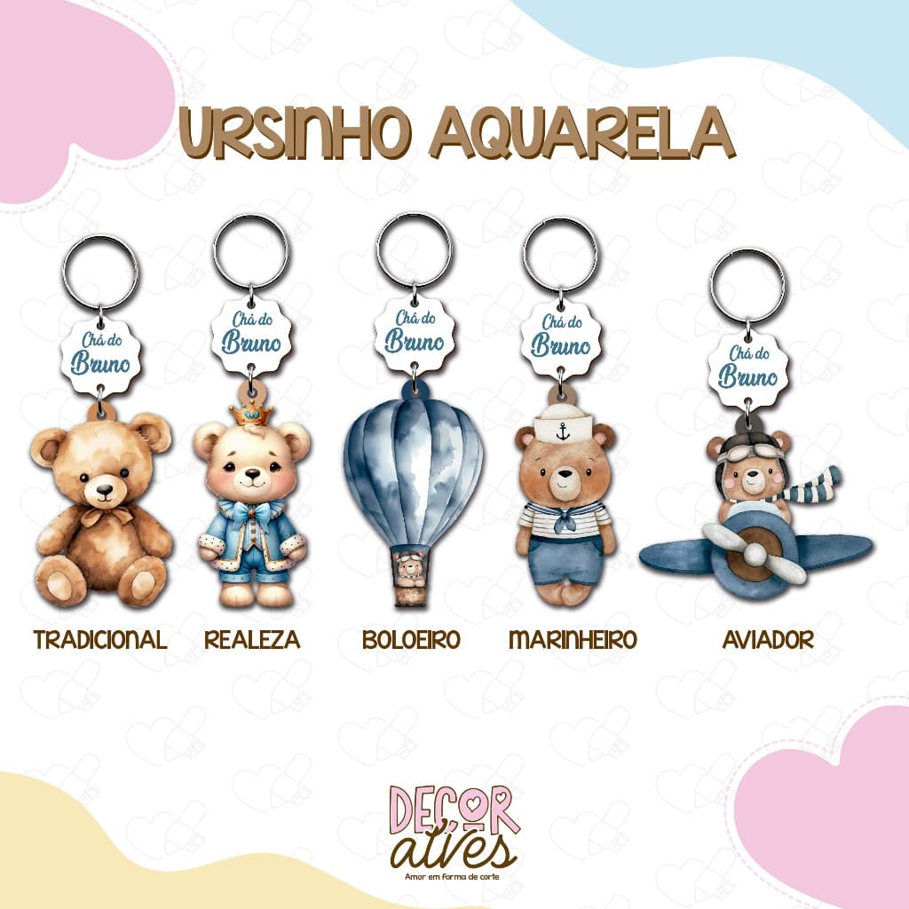 Ursinho Aquarela - Chaveiro Personalizado MDF brilhoso ( Urso Aviador , Realeza , Baloeiro )
