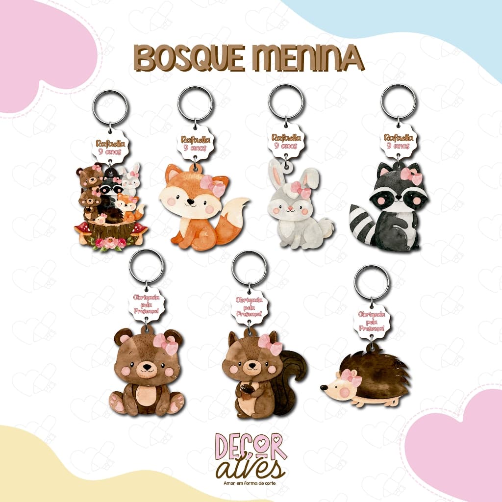 Bosque Encantado Aquarela COM LAÇO - Chaveiro Personalizado MDF brilhoso Lembrancinha infantil