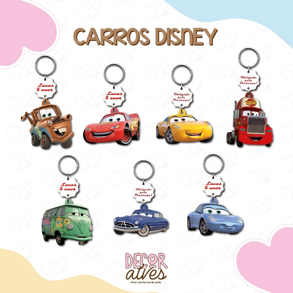 Carros Disney - Chaveiro Personalizado MDF brilhoso Lembrancinha infantil