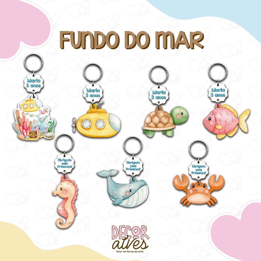 Fundo do Mar - Chaveiro Personalizado MDF brilhoso Lembrancinha infantil