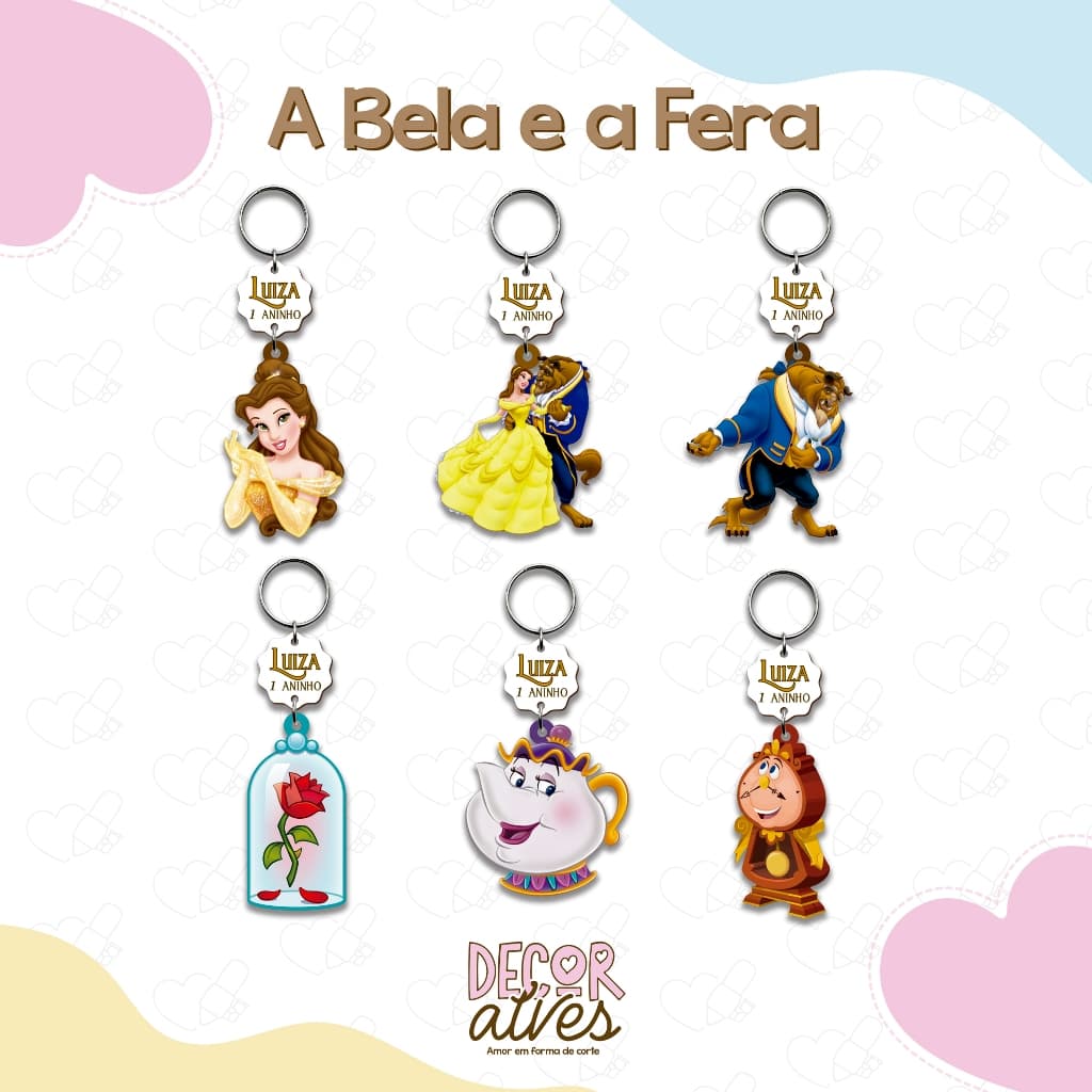 A Bela e a Fera - Chaveiro Personalizado MDF brilhoso Lembrancinha infantil