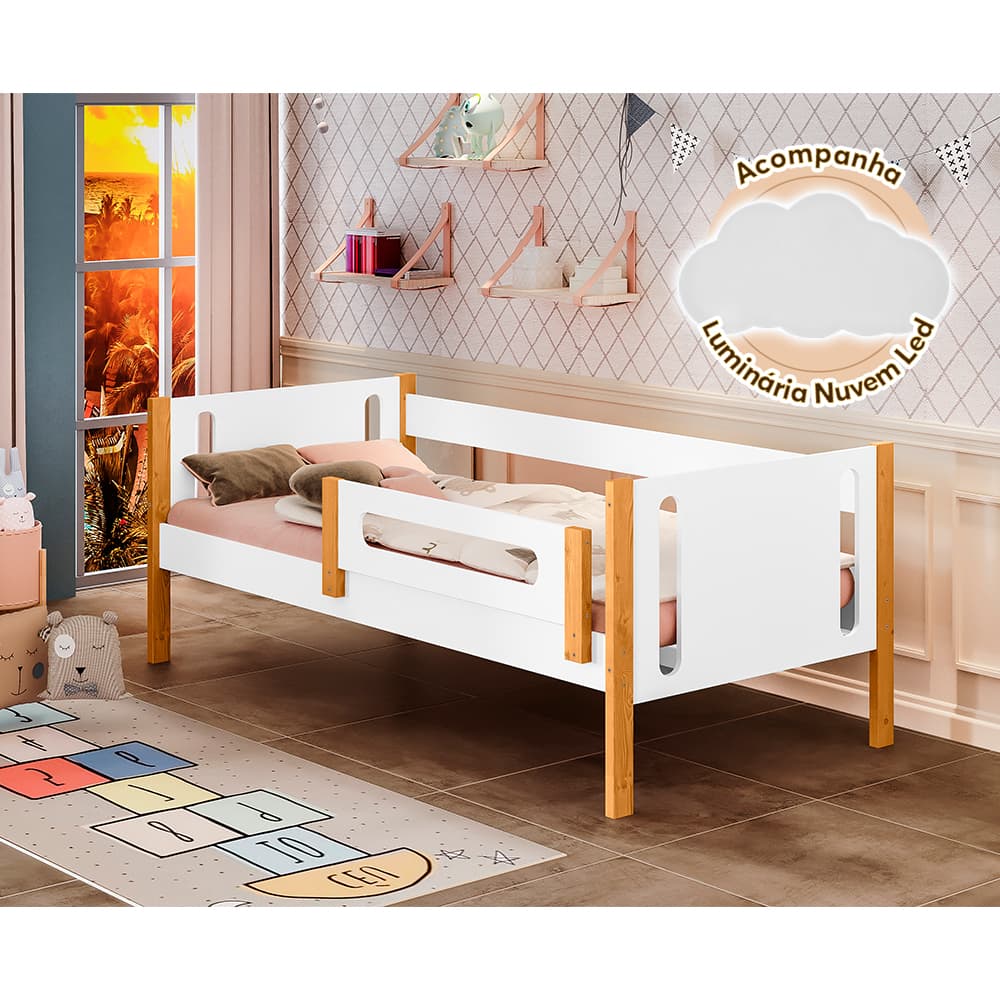 Cama De Solteiro Premium Mirela Branco/Amêndoa Com Grade De Proteção Acompanha Luminária Led