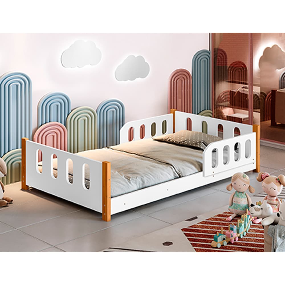 Cama De Criança Infantil Juvenil Camila Com Grade De Proteção- Branca