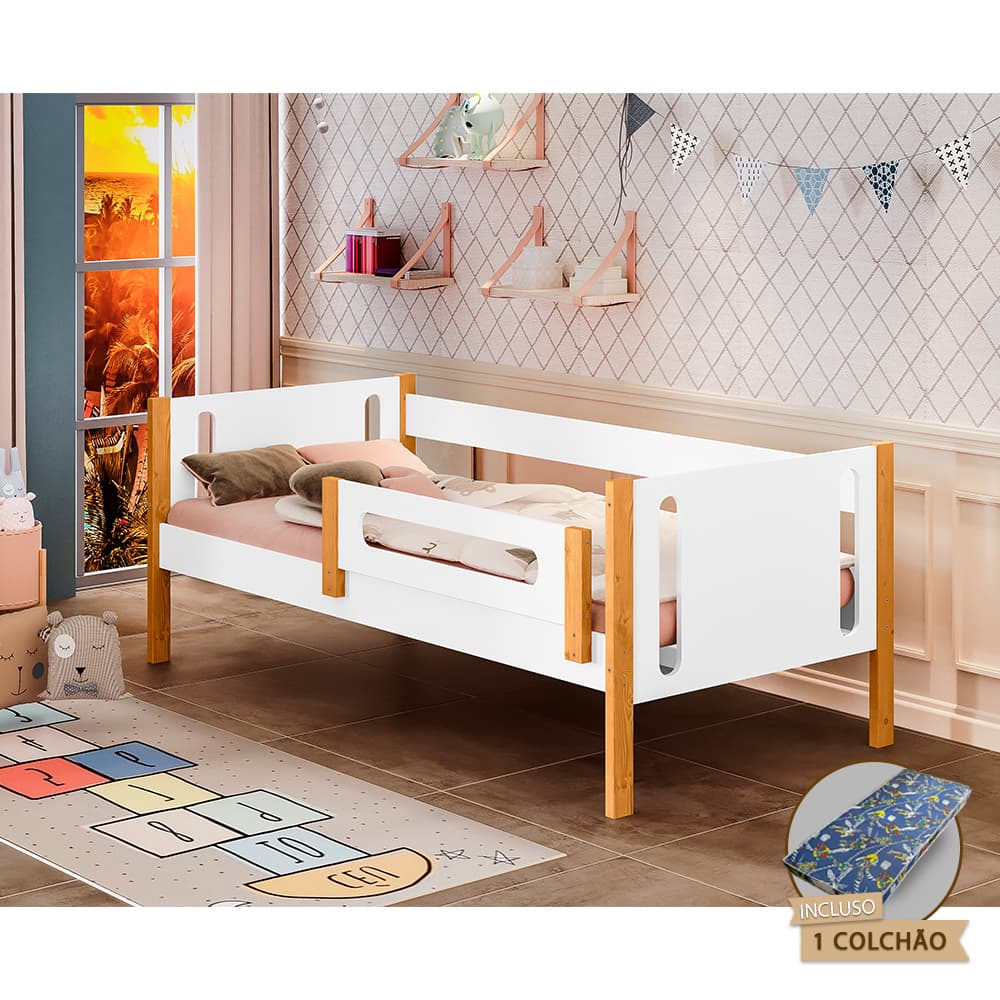 Cama De Solteiro Infantil Mirela Branca/Amêndoa Com Grade De Proteção E Colchão