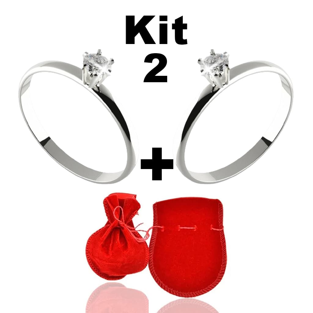 KIT com 2 Anel Solitário Prata com Pedra Brilhante Aço Inoxidável 3mm Namoro Compromisso Noivado