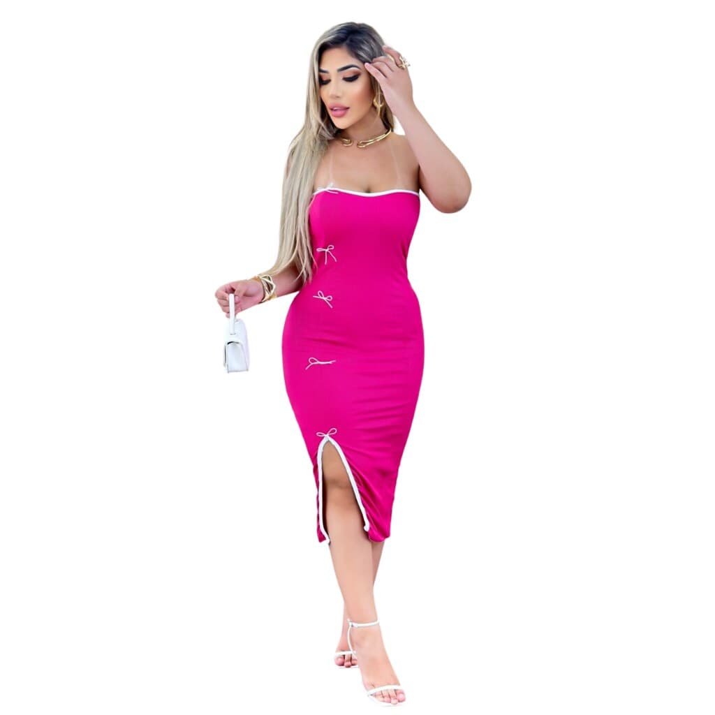 Vestido Feminino Tomara que Caia Rosa com Fenda Lateral Malha Ribana