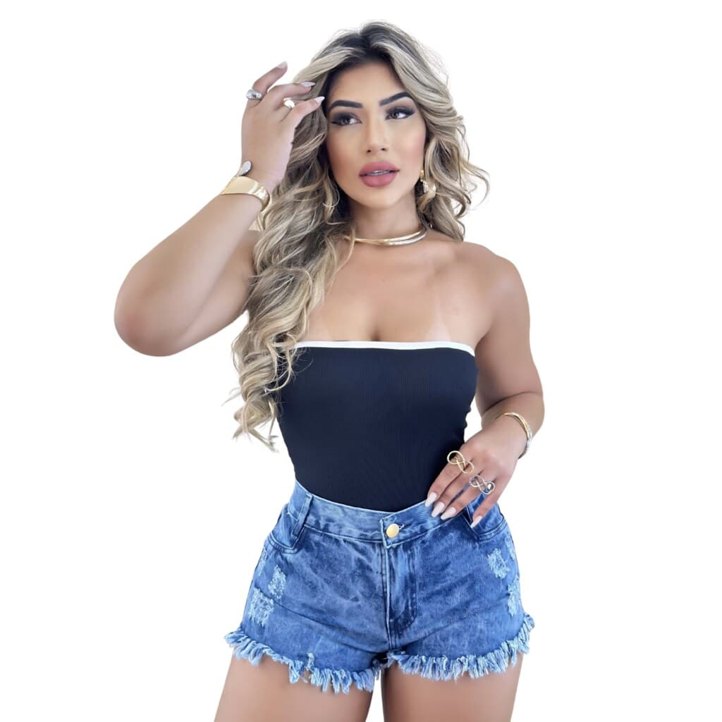 Short Jeans Feminino Barra Desfiada Cintura Alta Marmorizado
