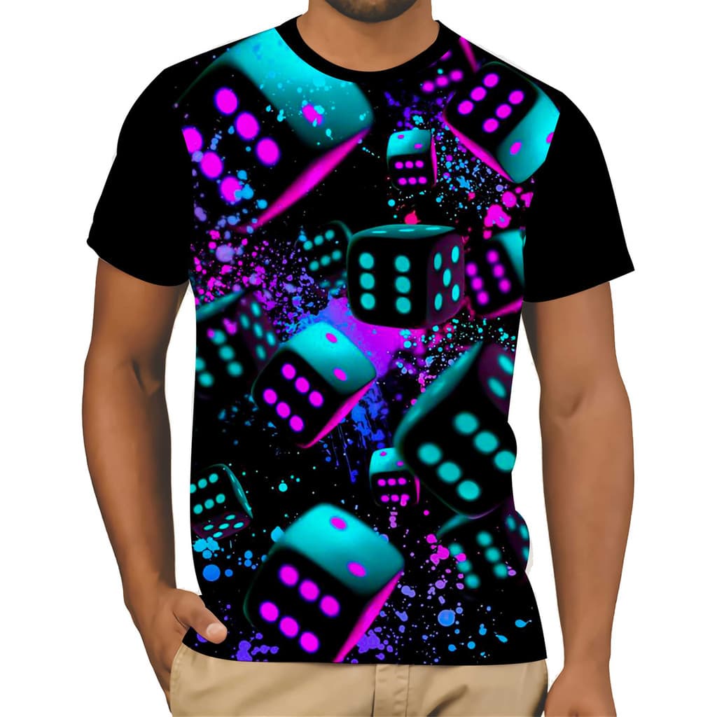 Camiseta Camisa Confortavel  Jogo Dado Coloridos Neon