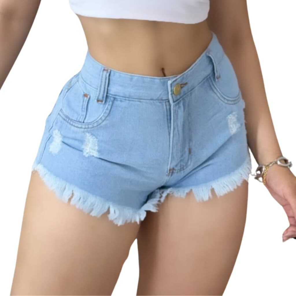 Short Jeans Feminino Azul Claro Barra , Detonado, Jeans Premium 100% Algodão, Loja ROSE