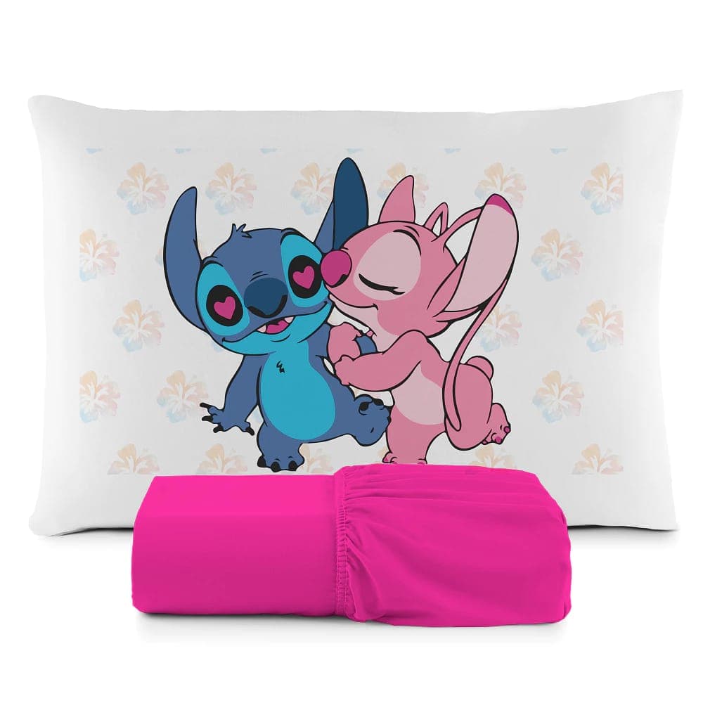 JOGO DE LENÇOL INFANTIL DE LUXO STITCH E ANGEL FRONHA TRAVESSEIRO LENÇOL DE ELASTICO SOLTEIRO