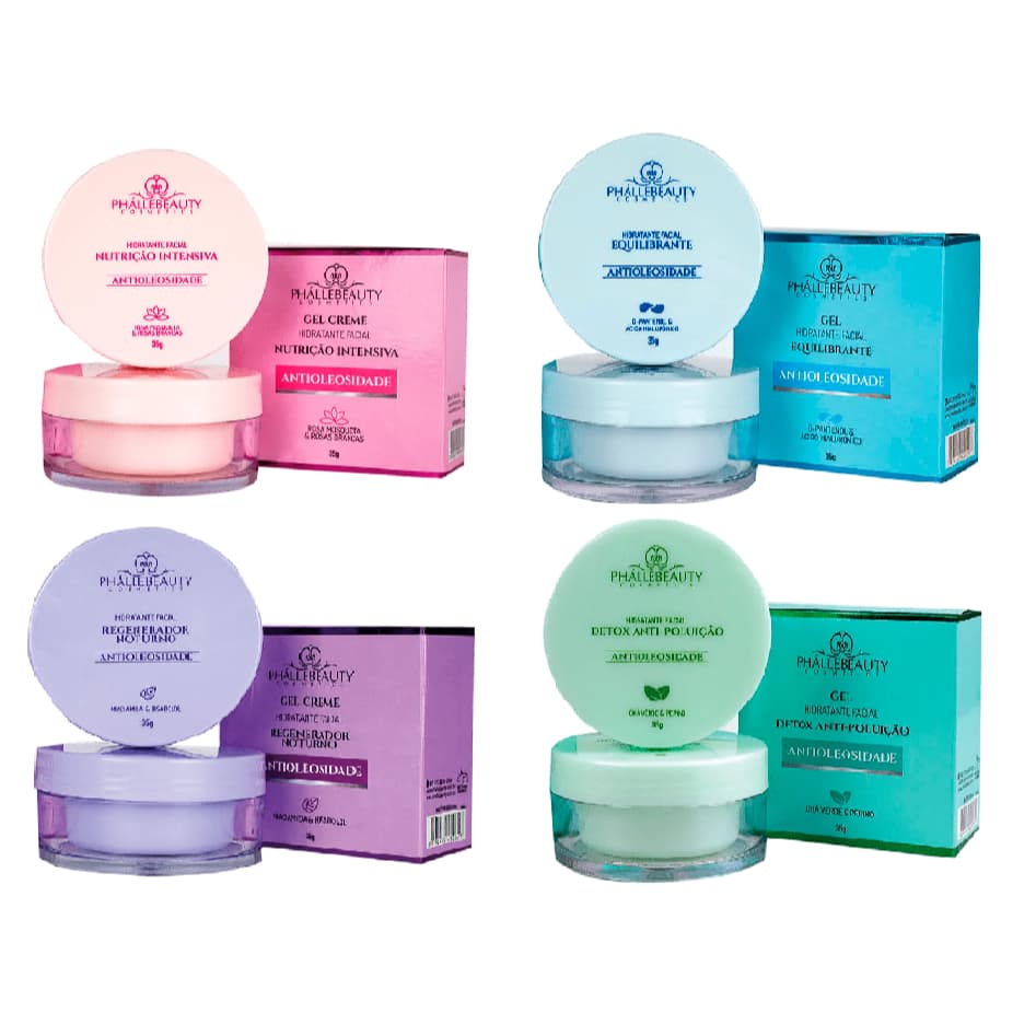 Hidratante Facial em Gel - Equilibrante, Nutrição Intensiva, Regenerador Noturno, Detox Anti-Poluição - Phallebeauty