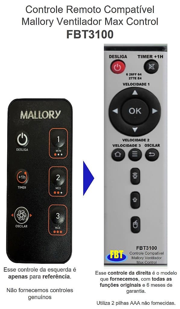 Controle Remoto Compatível Mallory Ventilador Max Control FBT3100