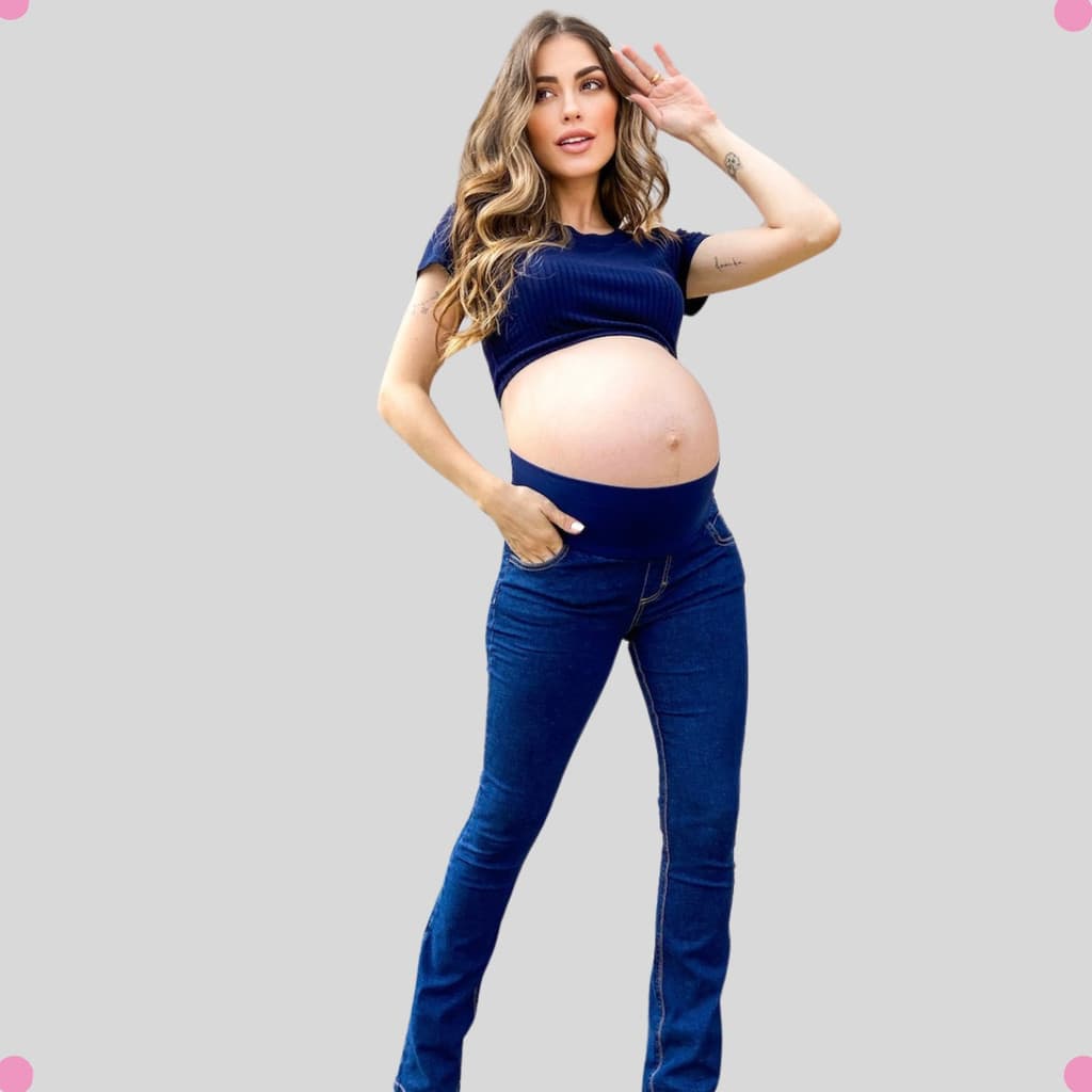 Calça Jeans Flare Gestante Cós Elástico Anatômico Barriga Ajustável Maternidade