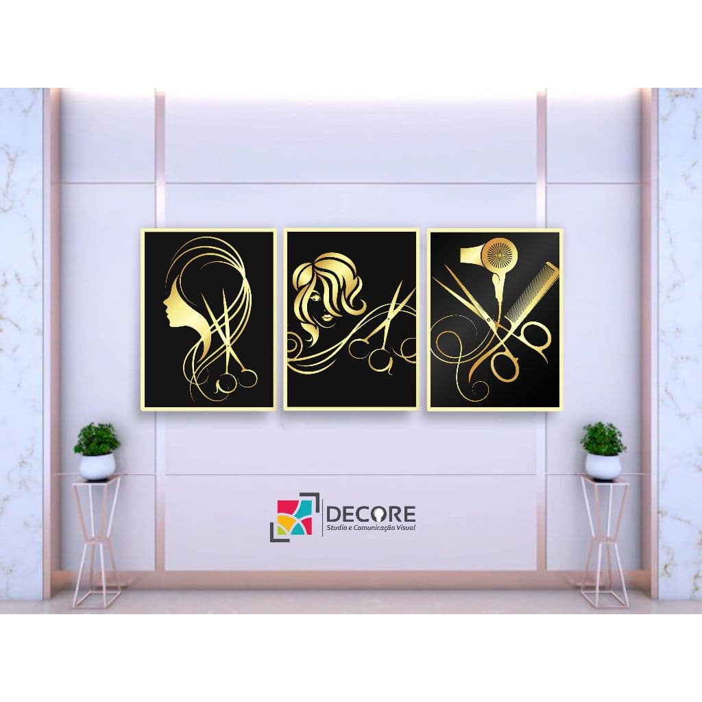 quadro decorativo lindo para salão de beleza fashion kit 3 peças