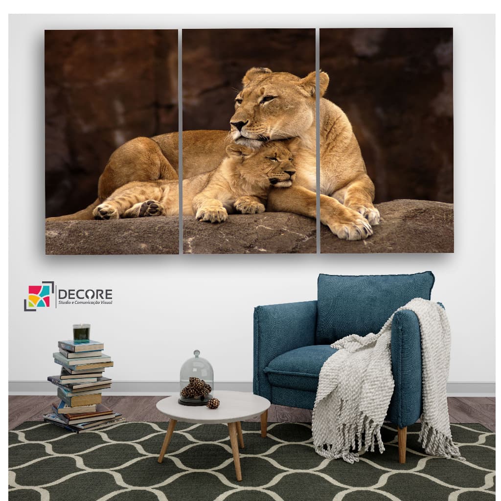 quadro decorativo moderno familia mãe leoa e filhote proteção amor decoração sala quarto hall