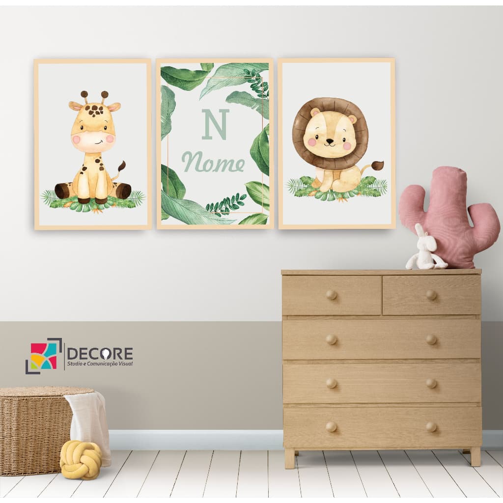 quadro decorativo safari infantil com letra e nome personalizado decoração quarto sala hall