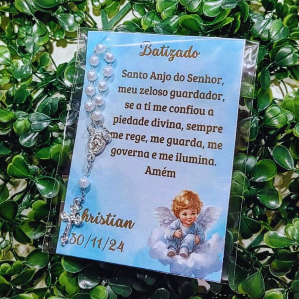 30 Lembrancinha Batizado Mini Terço com Cartão Personalizado