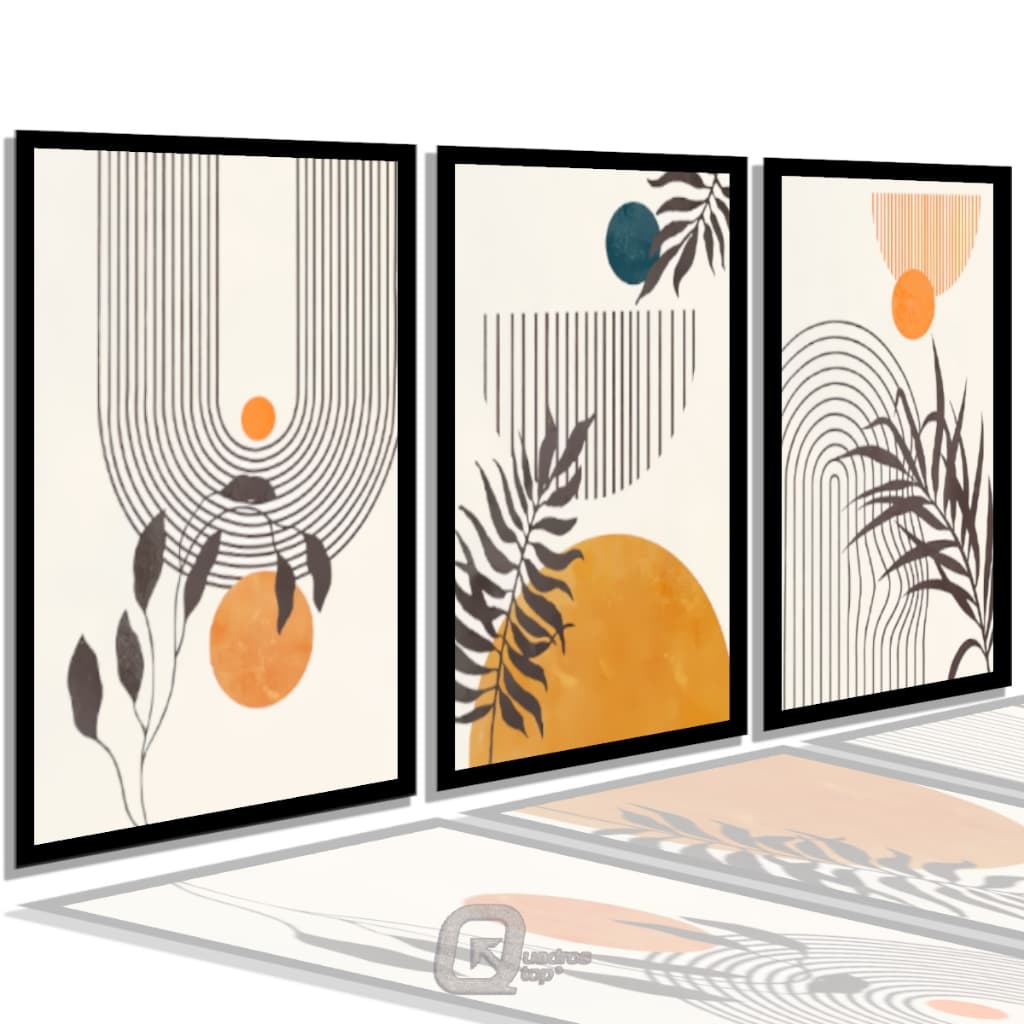 Quadro Decorativo Moderno Abstrato Quarto Sala Tons Bege Laranja Flores 3 Pecas 50x90