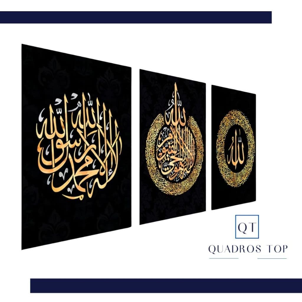 Quadro Decorativo Moderno Quarto Sala Emblema Simbolo Islamico Cores Dourado Gold e Verde 3pcs 90x50