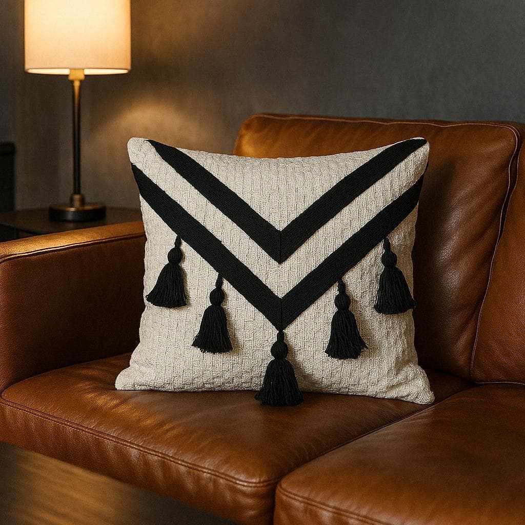 Capa de Almofada Macramê Artesanal em Algodão Estilo Boho Rústico e Elegante Tranças Preta 45CM X 45CM