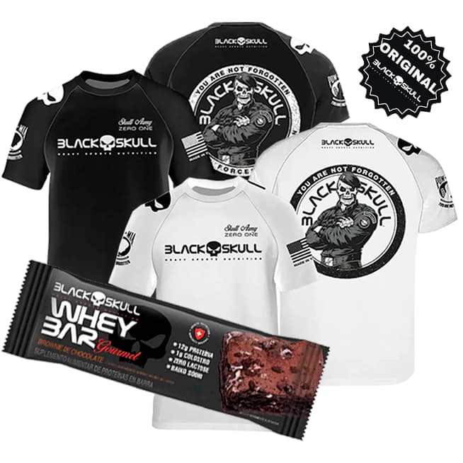Combo 2 Camiseta Black Skull Bope Original + Barrinha de Proteína Whey Bar Academia Treino Camisa Dry Fit