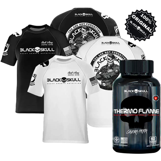 Combo 2 Camiseta Black Skull Original Bope Termogênico 60 Tabletes Thermo Flame  Dry Fit Academia Soldado Camisa