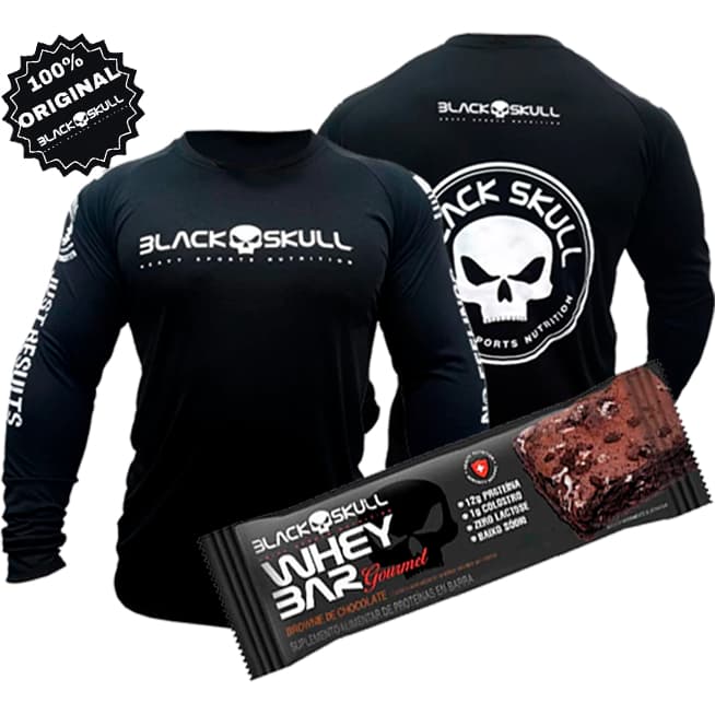 Camiseta Black Skull Original + Barrinha de Proteína Manga Longa Dry Fit Camisa Academia