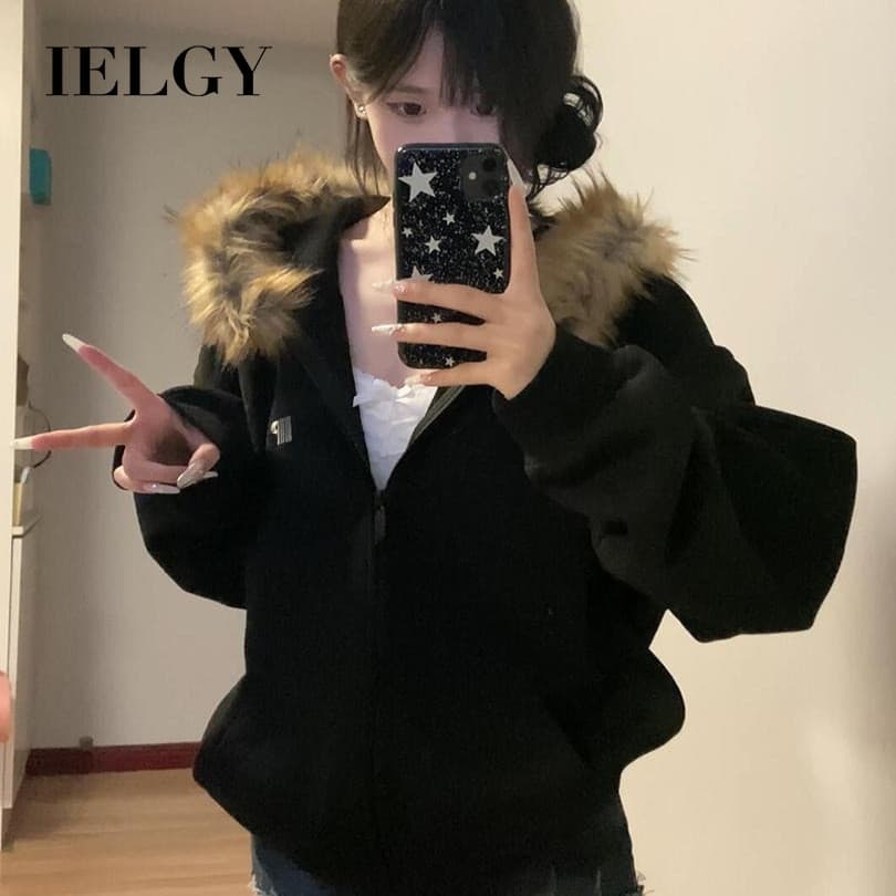 IELGY Jaqueta Feminina Estilo Americano Com Gola De Pele patchwork E Zíper Capuz