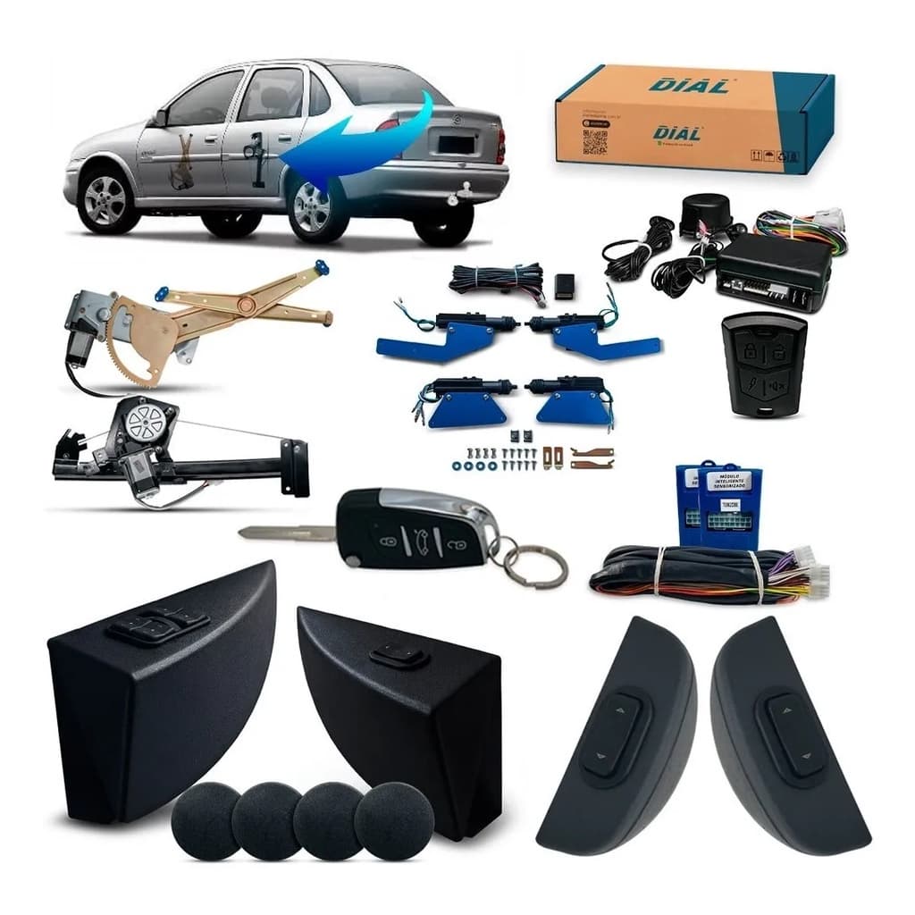Kit Vidro Elétrico + Trava e Alarme c/Canivete Corsa Classic 4 Portas Completo Inteligente