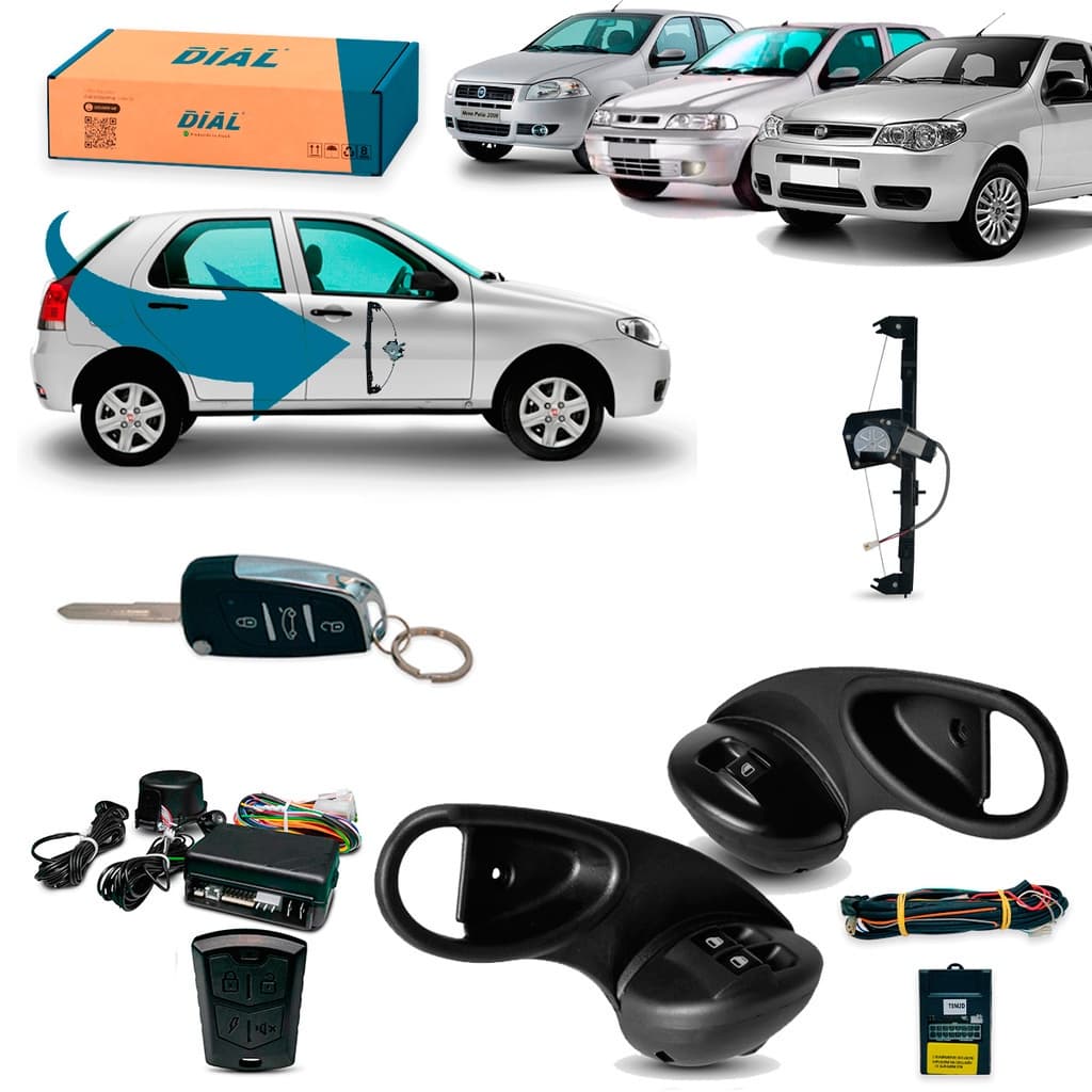 Kit Vidro Eletrico + Alarme c/Canivete Alarme Palio / Siena / Weekend 4P Diant (96/03) Led Verde Inteligente