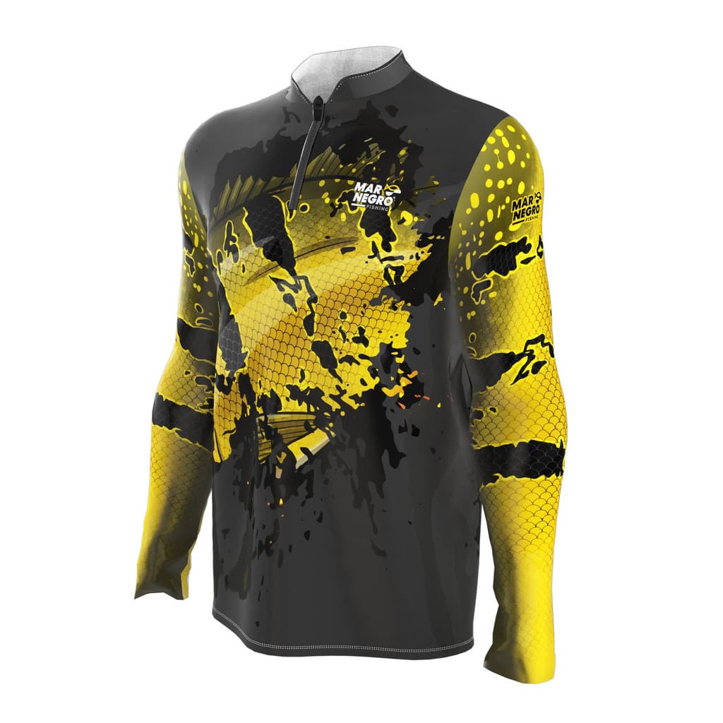 Camiseta Pesca Mar Negro Tucunaré Amarelo Dry Fit Uv 50+