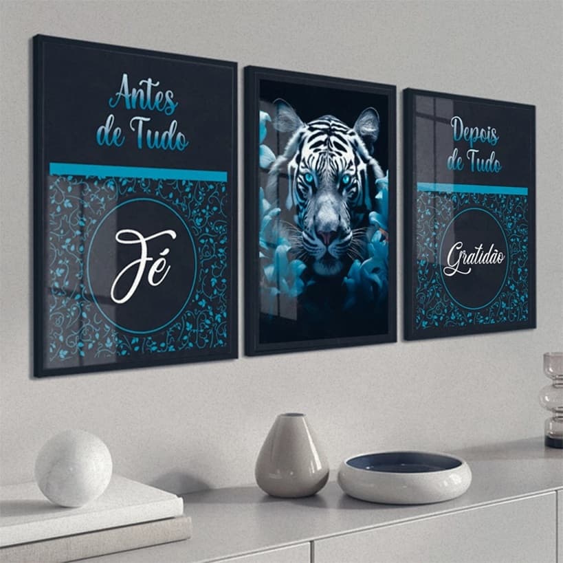 Kit 3 Quadros Decorativos Leão Fé, Gratidão para Sala, Escritório, Quarto, Área de Lazer