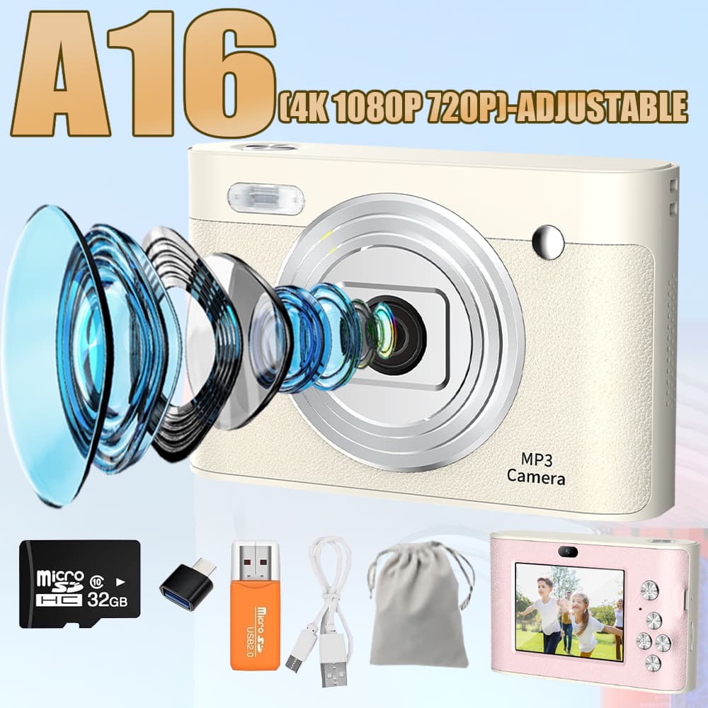 Câmera digital HD 1080P, câmera digital motorizada de 2,4 polegadas, zoom de 16x, câmera compacta de 44 MP para crianças