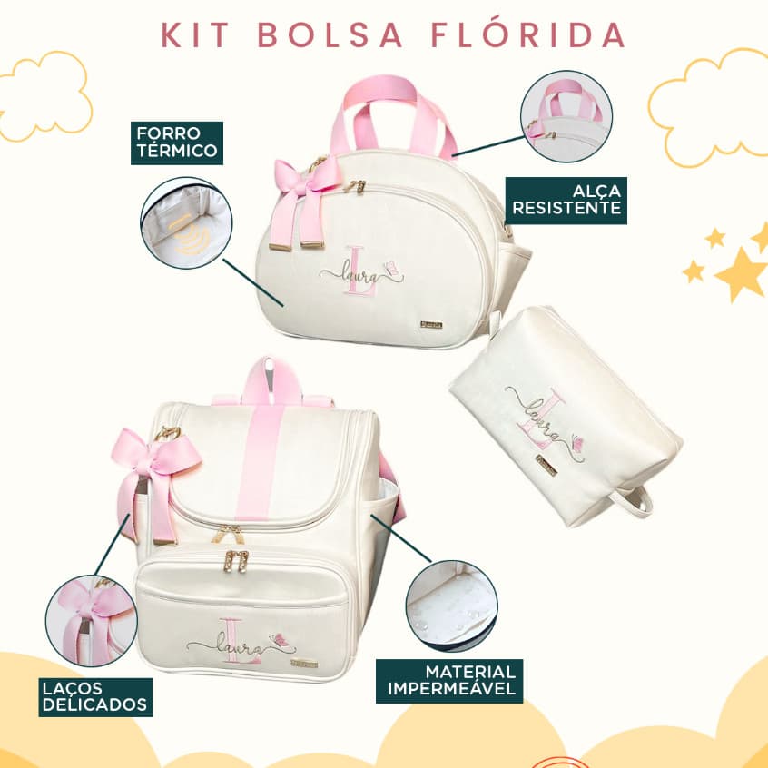 Kit Maternidade 3 Peças Bolsa, Mochila e Estojo Personalizado Térmica Impermeável, Coleção Flórida