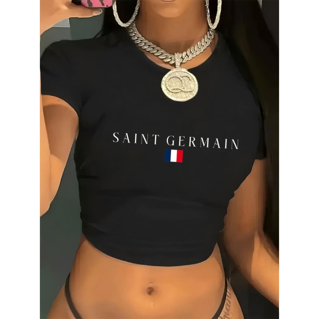 Blusa Babylook Baby tee Slim Fit Manga Curta Suplex Compressão Estilosa estampada SAINT GERMAIN