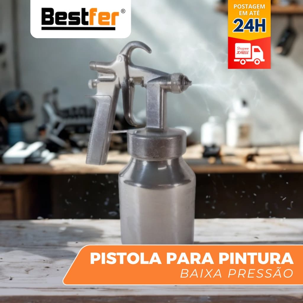 Pistola De Tinta Baixa Pressão Ar Direto Pintura 1000ml Aluminio Cor Prata Bestfer