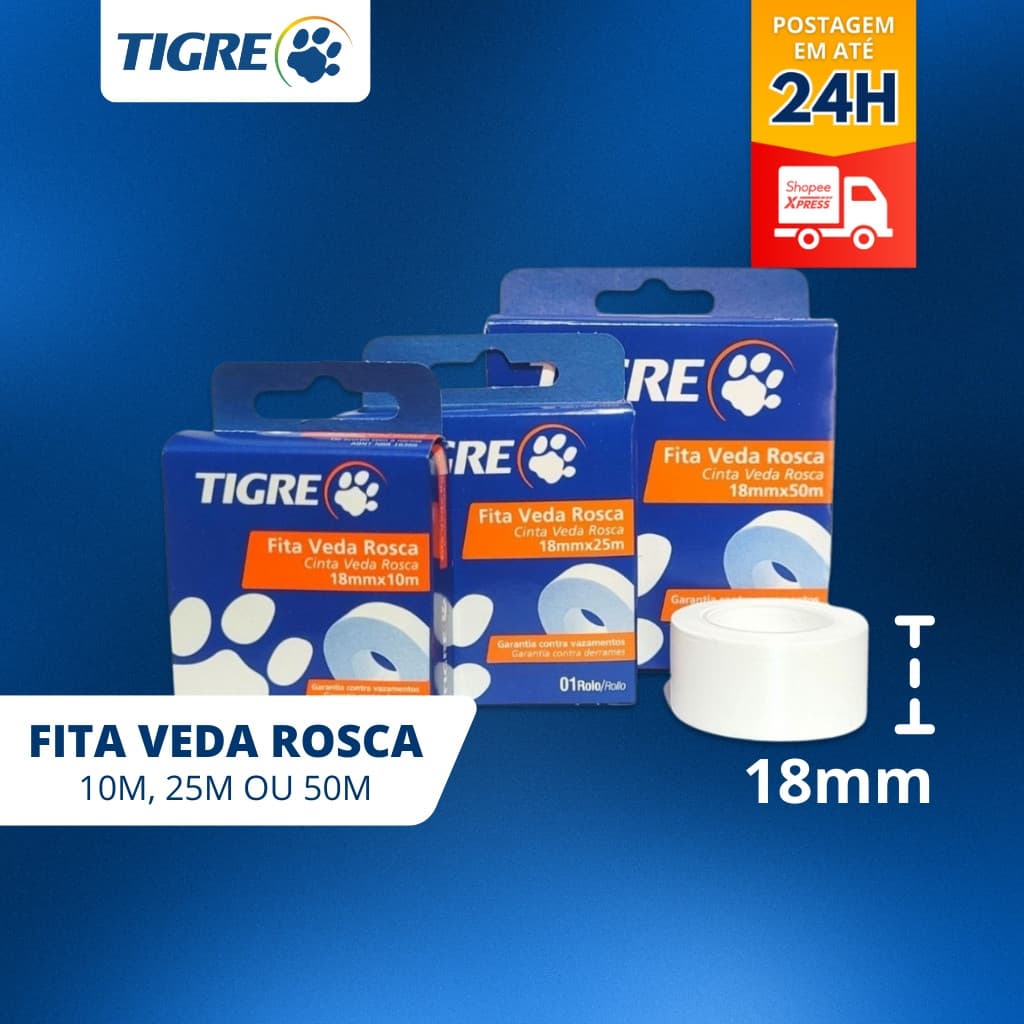 Fita Veda Rosca Tigre Teflon Para Torneira, Chuveiro e Hidráulicas Em Geral 10mt, 25mt ou 50mt Fita