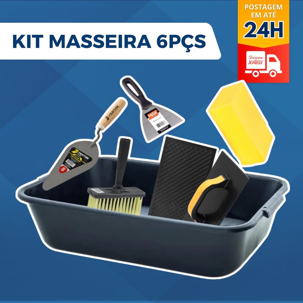 Kit Caixa de Massa Masseira 22L + Colher de Pedreiro Espatula Desempenadeira Broxa Bloco Espuma