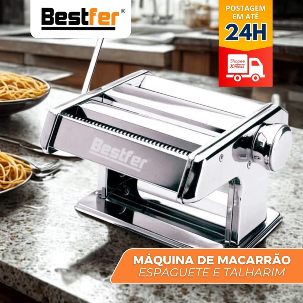 Máquina de Macarrão Massa Caseira e Pastel Profissional Inox c/ Manivela 3 Tipos Bestfer BFH1679