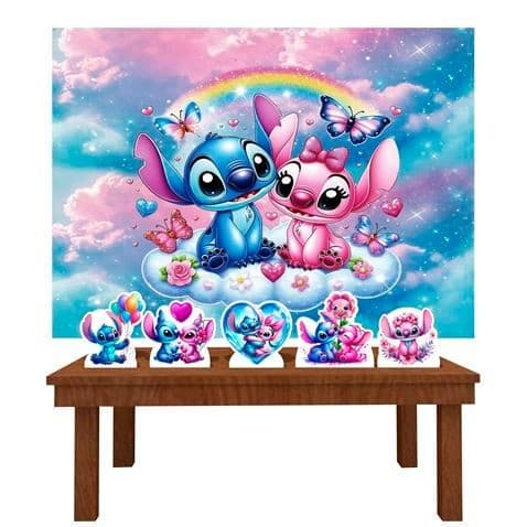 Festa Aniversário  Stitch e Angel 3D Decoração Cenários Kit Prata