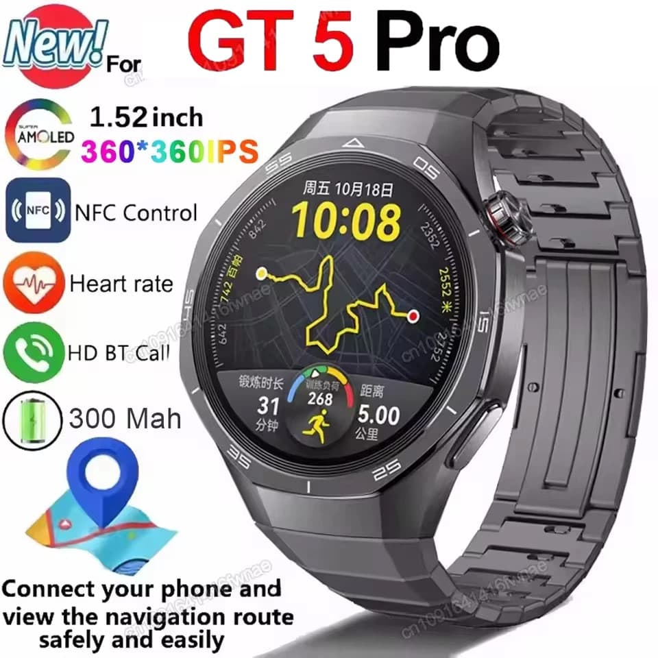2026 Novo GT5 Pro Relógio Inteligente Masculino HD Tela AMOLED Freqüência Cardíaca