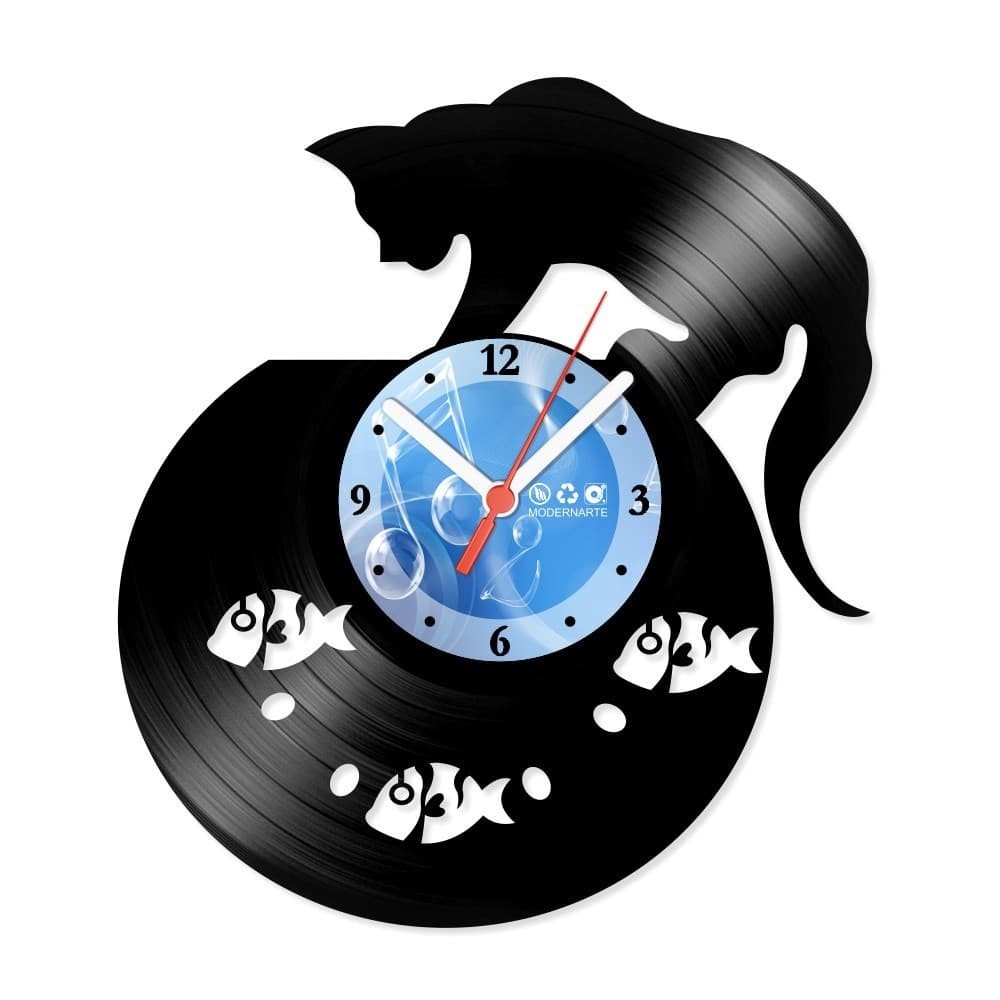 Relógio De Parede Disco Vinil Animais Gato No Aquário